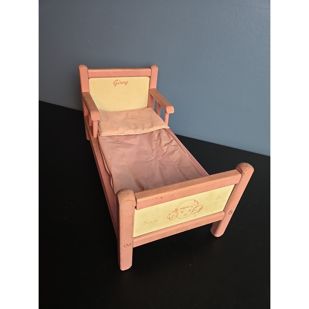 Vintage 1950's GINNY DOLL BED Pink & White Wood Vogue